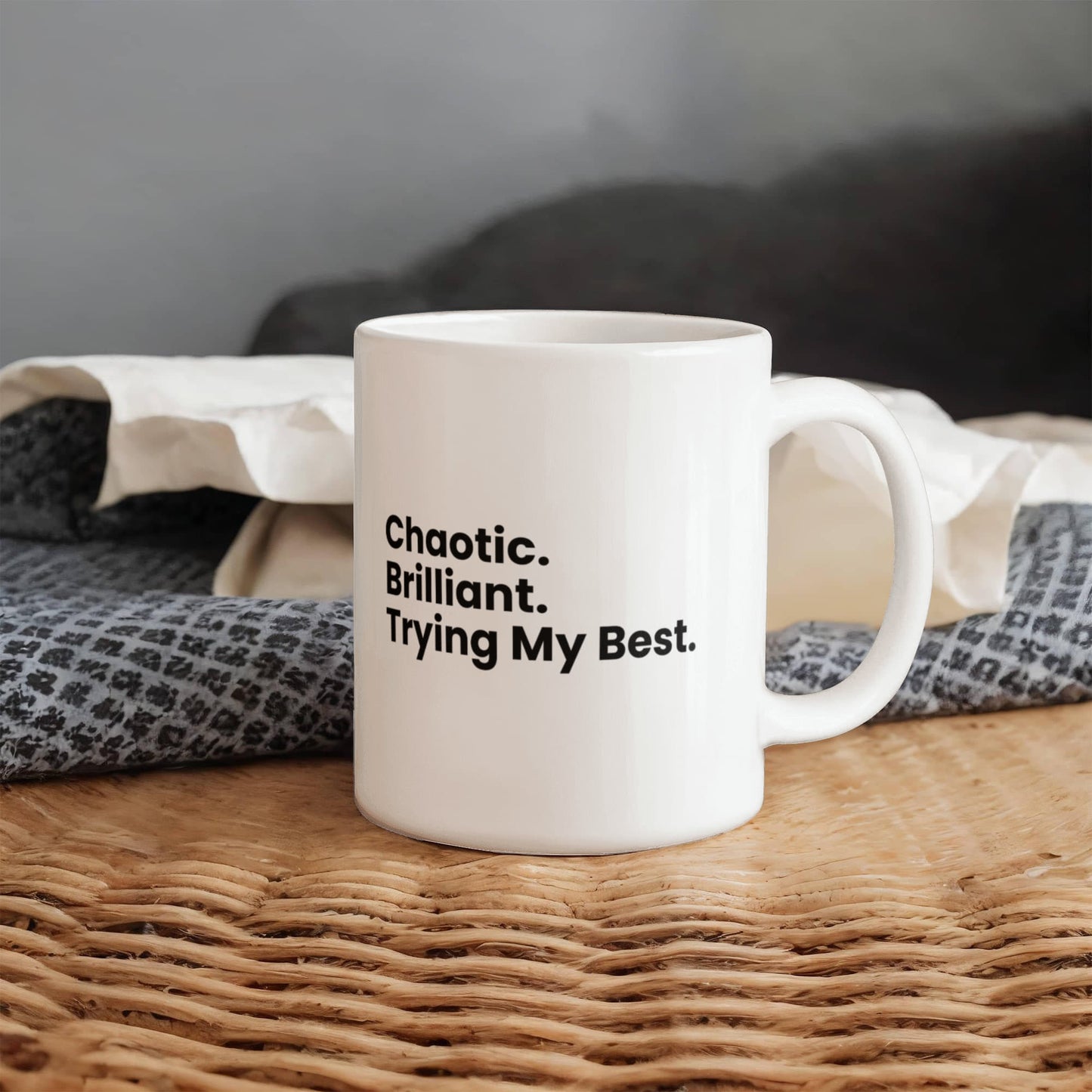 Chaotic. Brilliant. Trying My Best. – Cranky Goat Coffee Mug