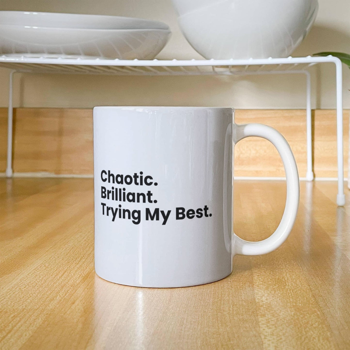 Chaotic. Brilliant. Trying My Best. – Cranky Goat Coffee Mug