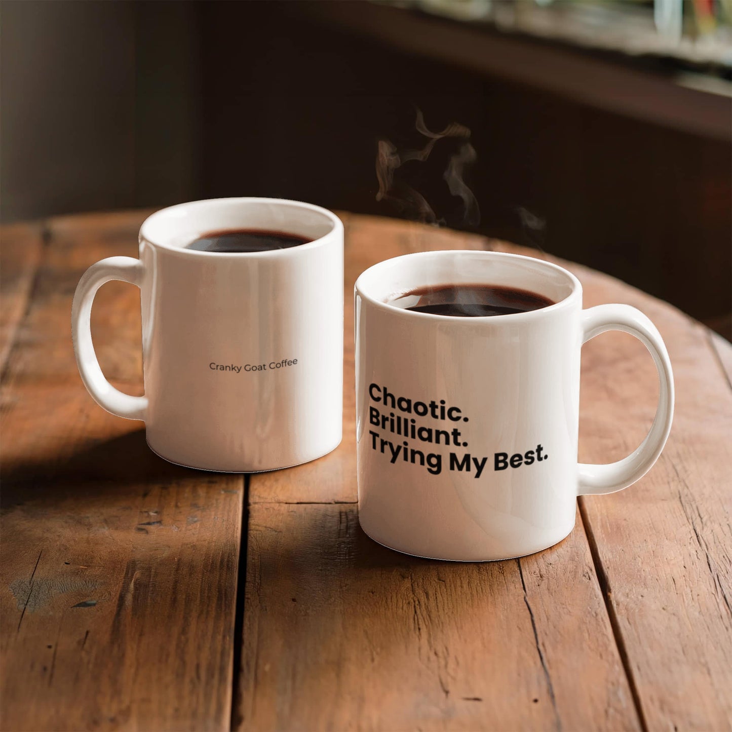 Chaotic. Brilliant. Trying My Best. – Cranky Goat Coffee Mug